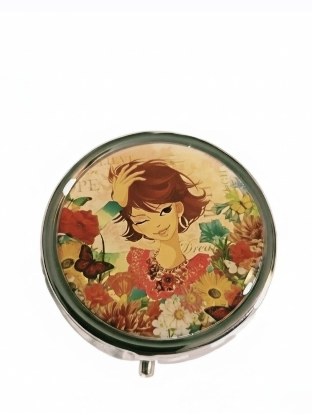 Nicole Lee Xochil Girl Dream Floral Round Pill Box Mirror Case Organizer